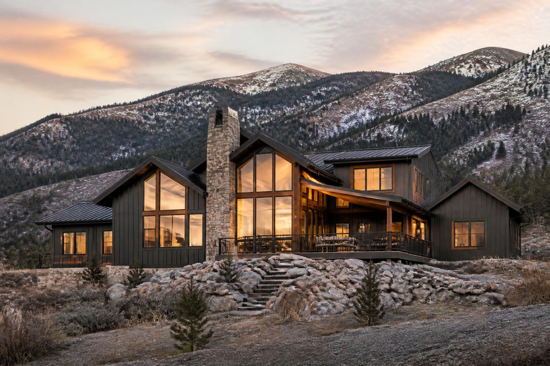 Completed luxury Colorado home built by Landera at golden hour