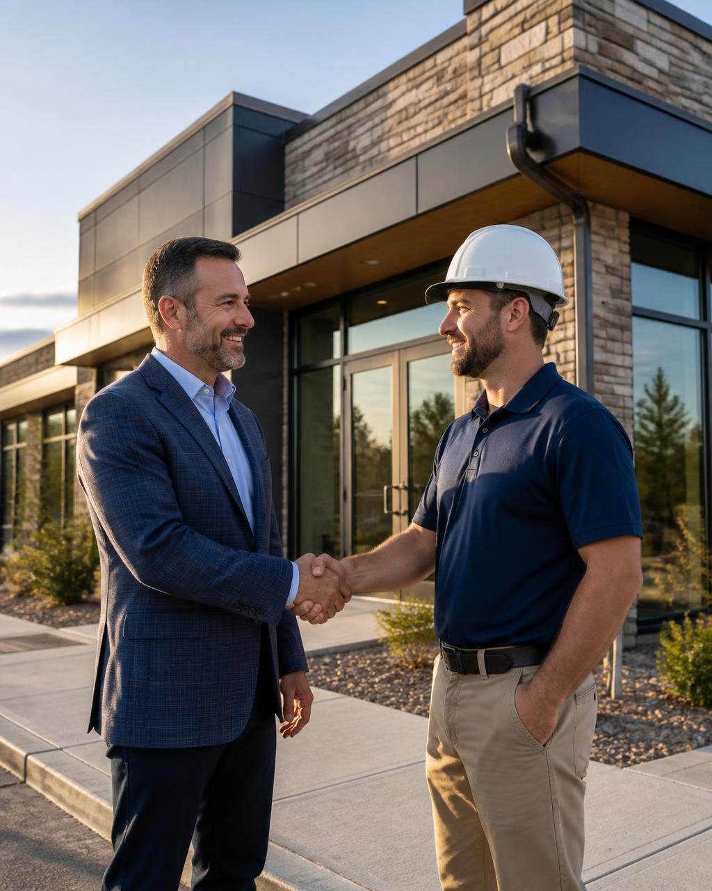 Landera contractor shaking hands with a satisfied client outside a freshly renovated commercial building